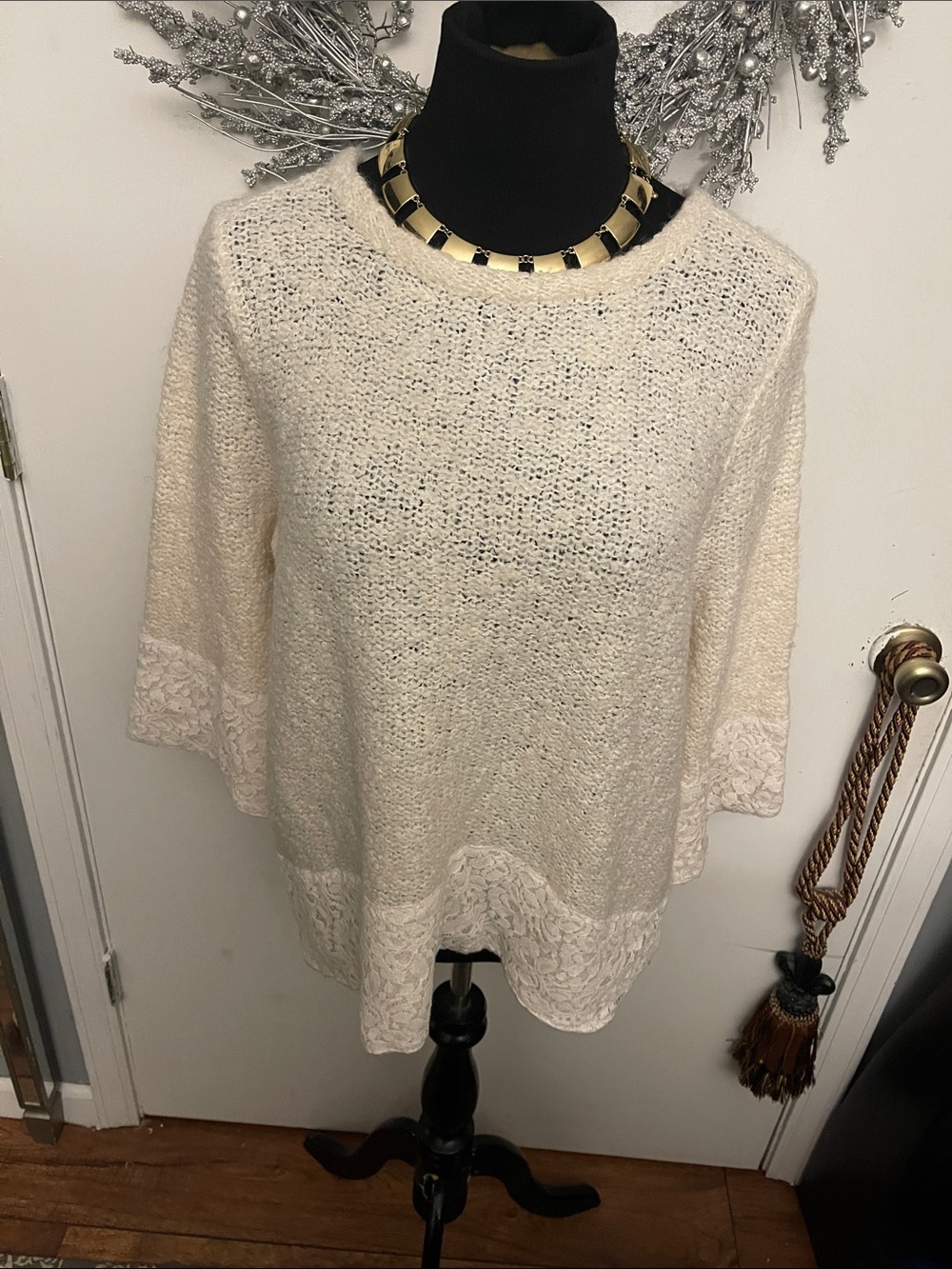 Chico's Cream Textured Knit Sweater with Lace Trim